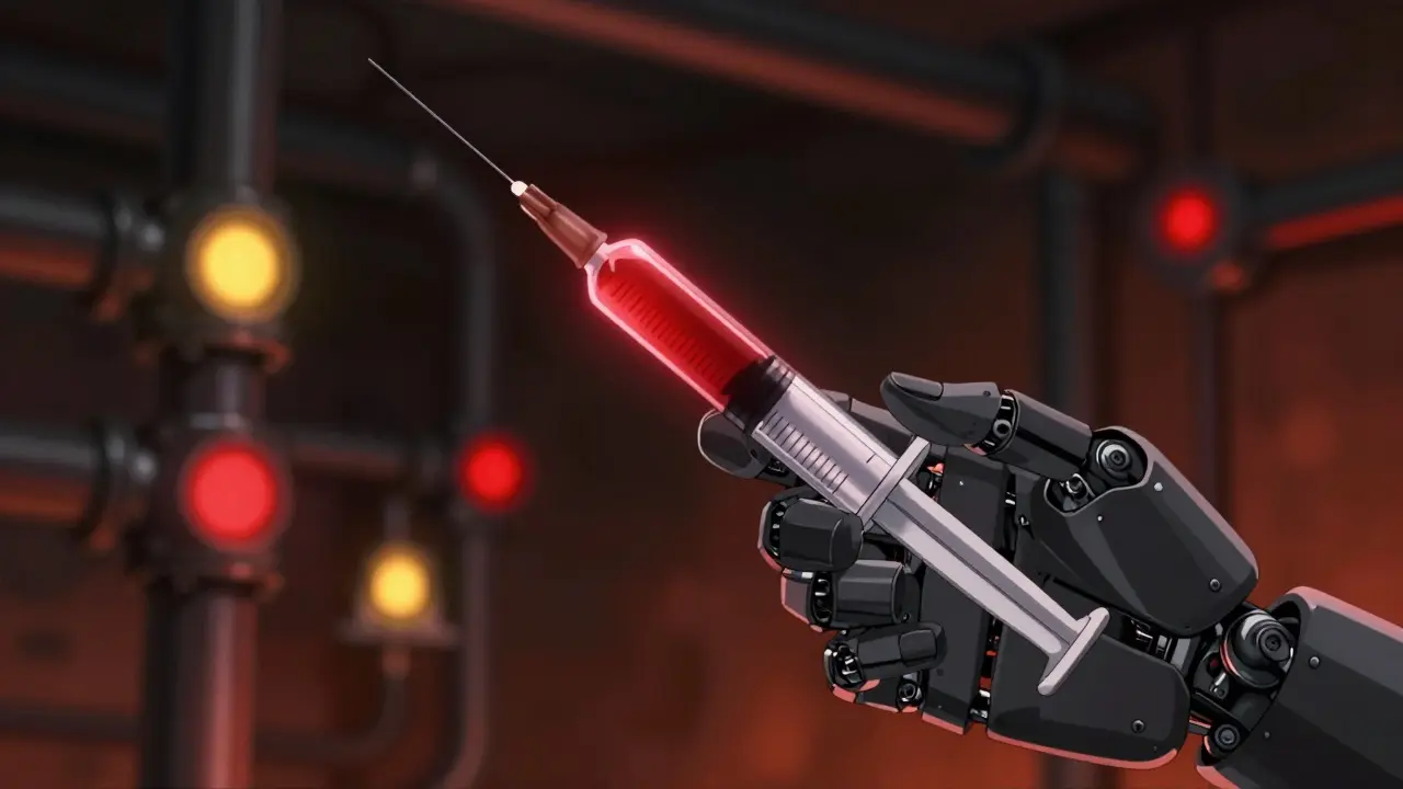 Robotic hand holding a syringe with glowing red warning liquid
