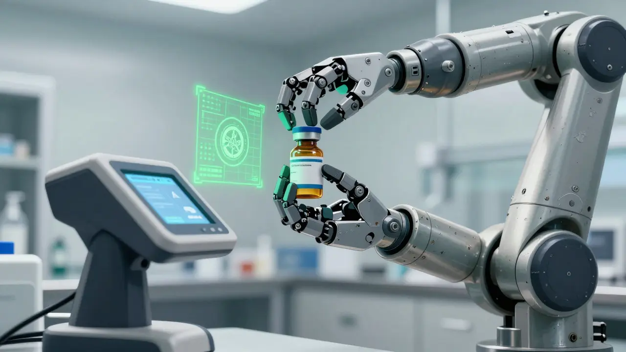 Robotic scanner verifying safety of generic antibiotic bottle