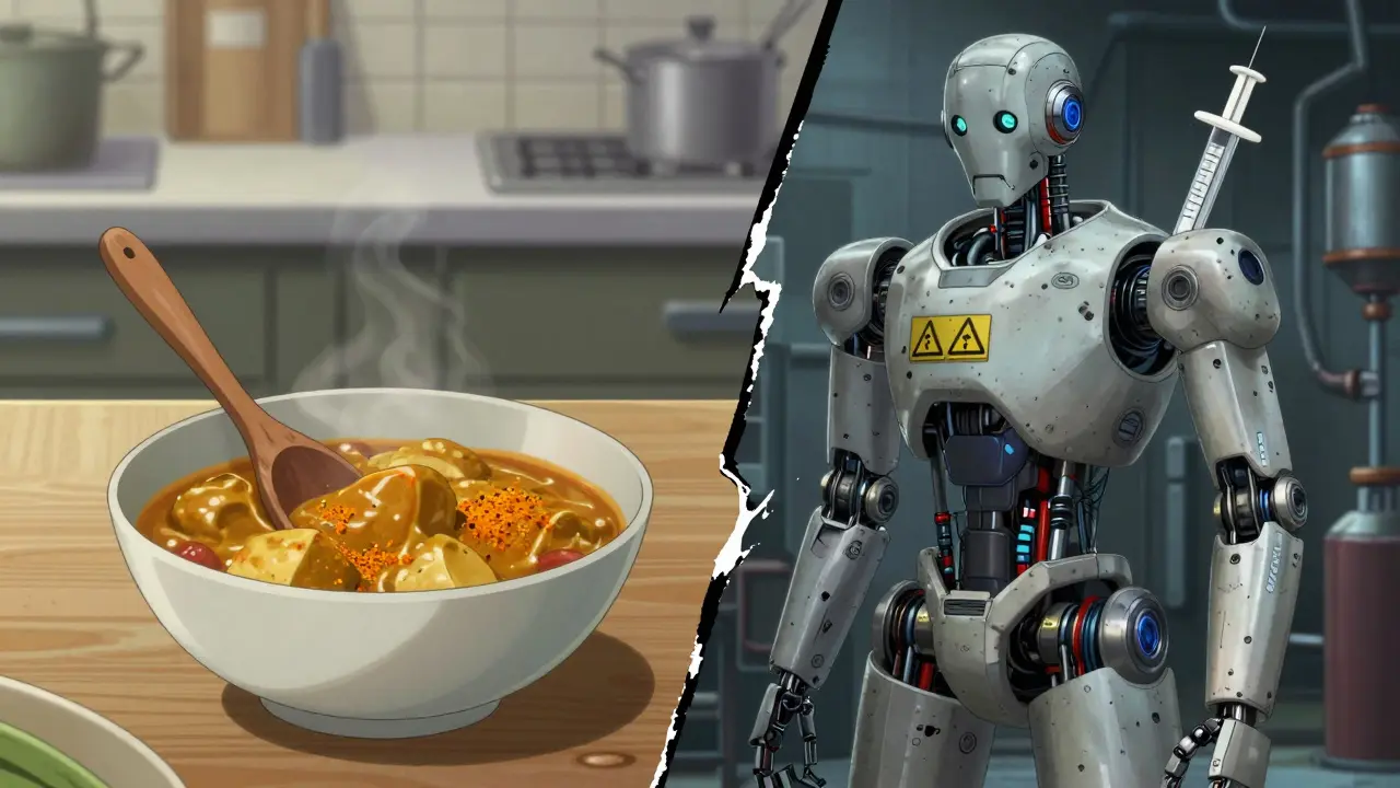 Split image contrasting safe cooking with turmeric vs dangerous supplements