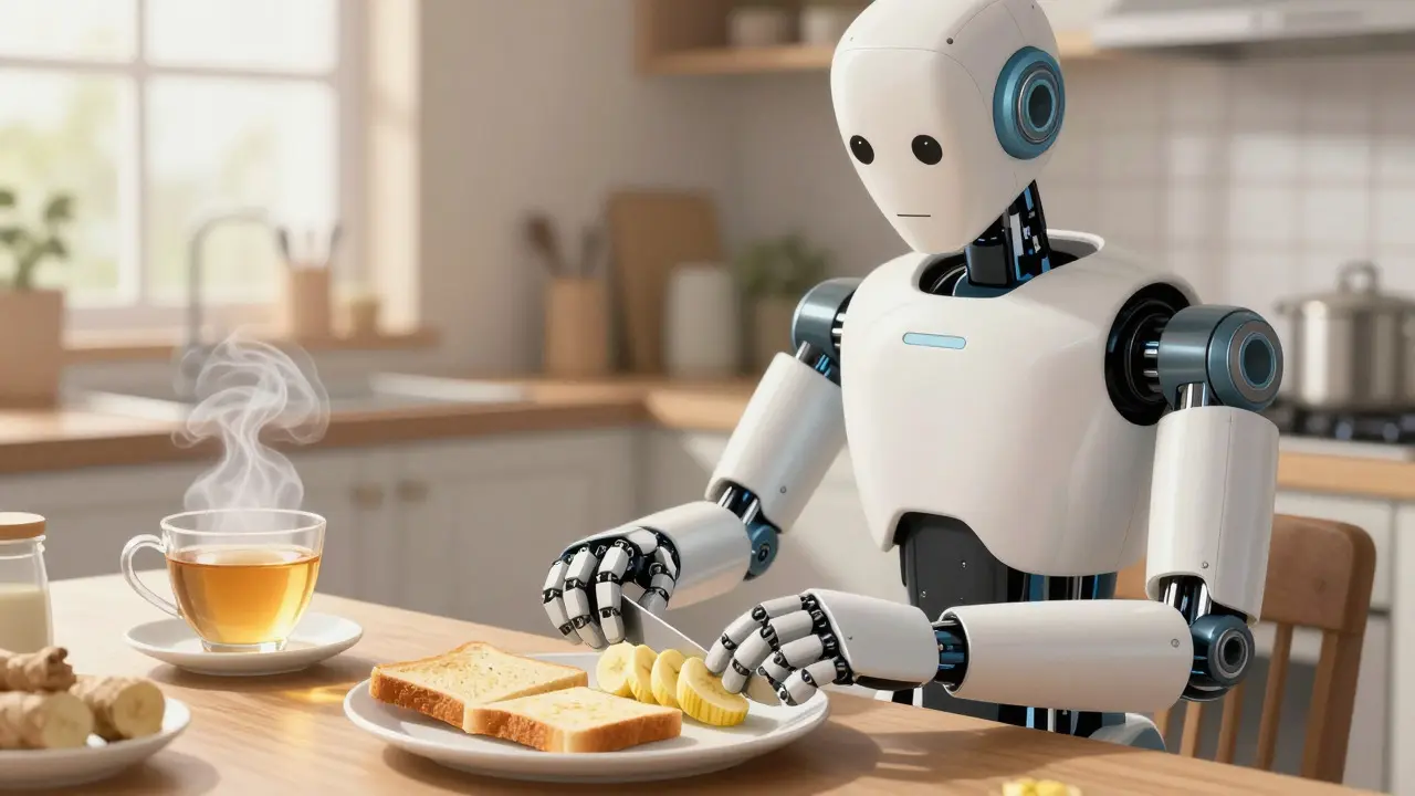 Android preparing bland food like toast and bananas in a kitchen