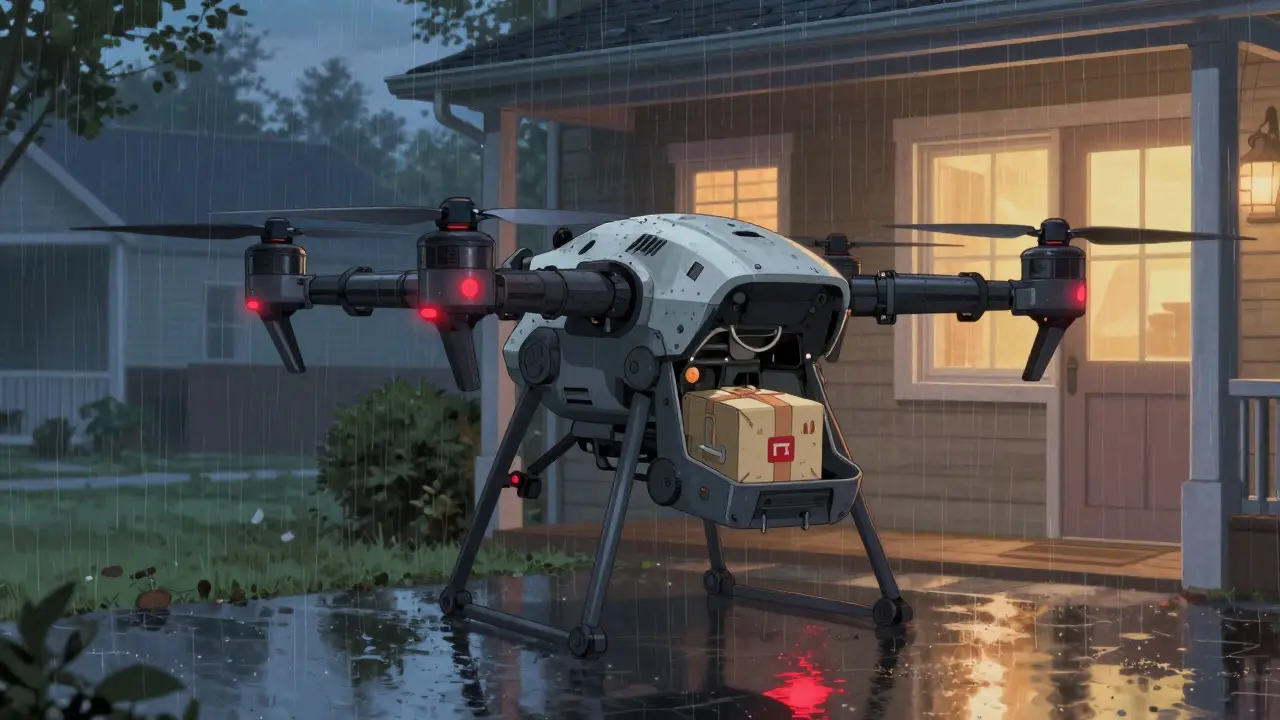 Armored delivery drone landing on a porch with a medical package