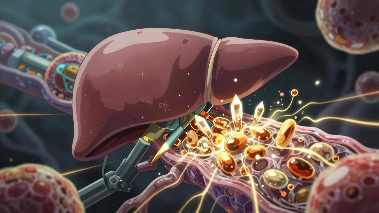 Biomechanical liver cell reacting to hyperforin in anime art