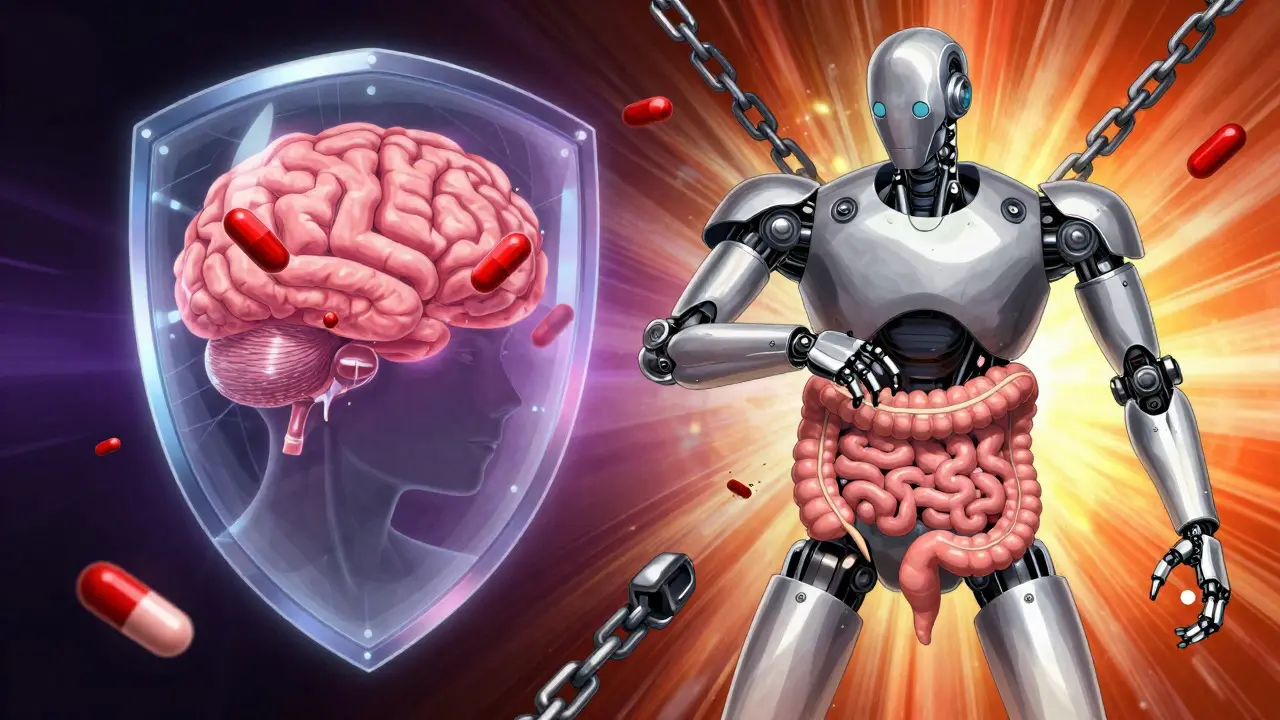 Conceptual art showing medication blocking opioids in brain but freeing gut