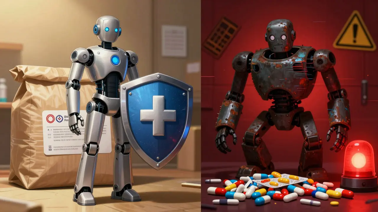 Contrast between a safe robot delivering meds and a glitchy robot with fake pills.