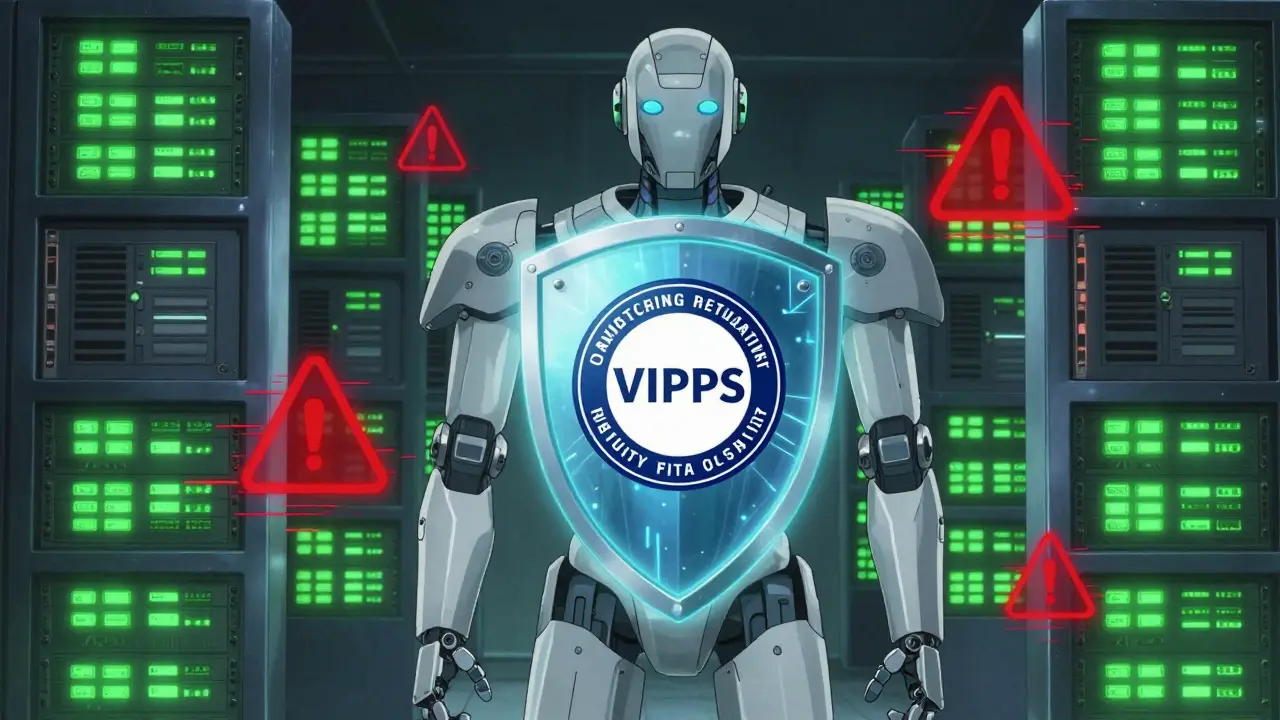 Cybersecurity robot blocking scams while protecting verified pharmacy credentials.