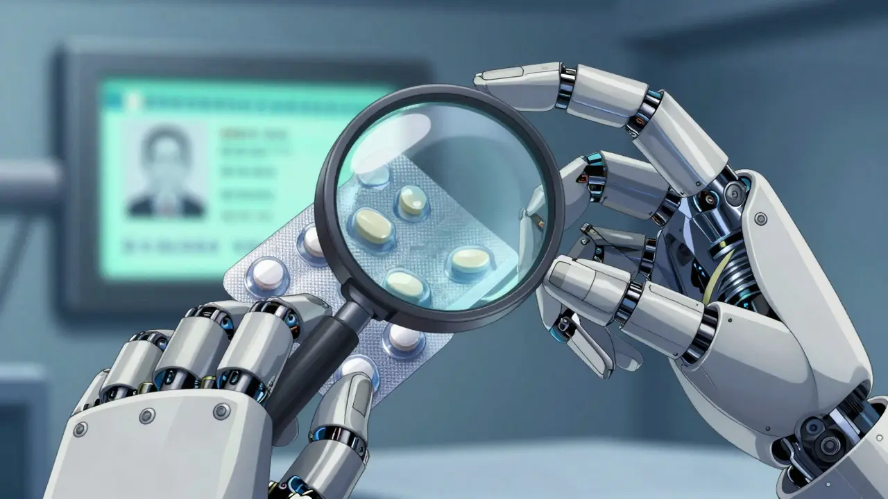Detailed robotic hand inspecting medication quality through a magnifying glass.