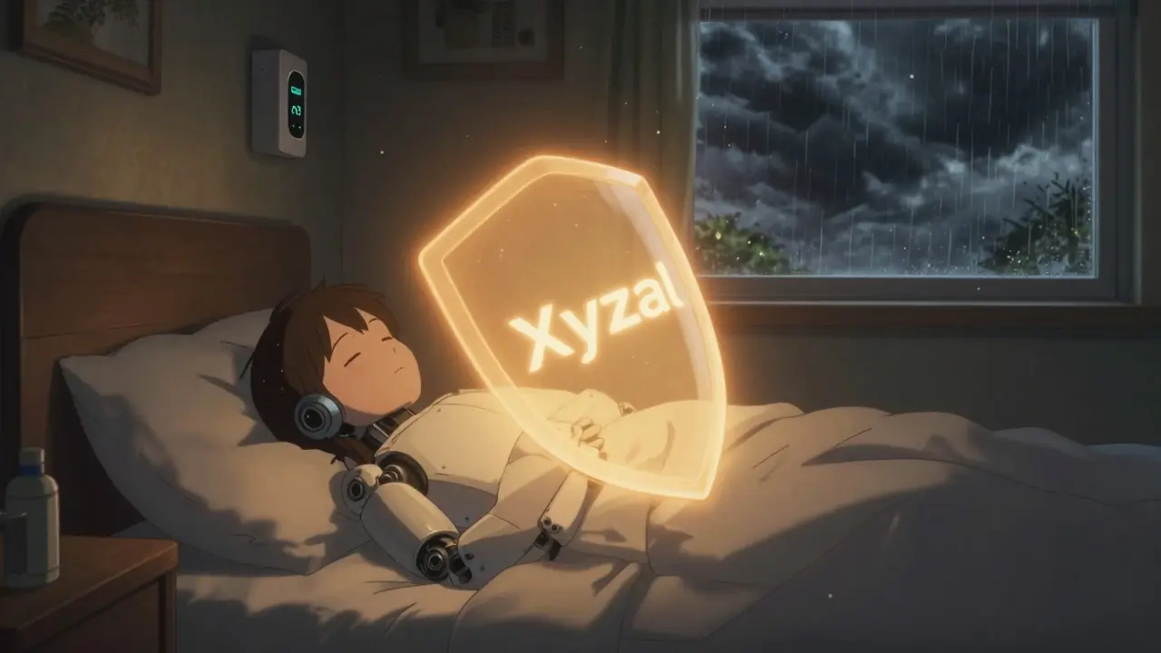 Glowing protective shield keeping allergens away from a sleeper