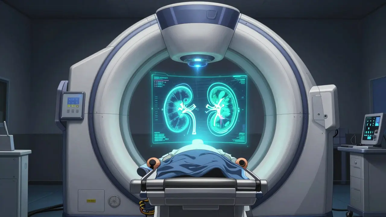 High-tech medical scanner with holographic organ scans in manga art