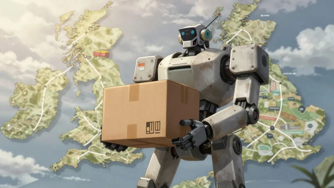 Industrial delivery drone carrying a medication package against a UK map backdrop.