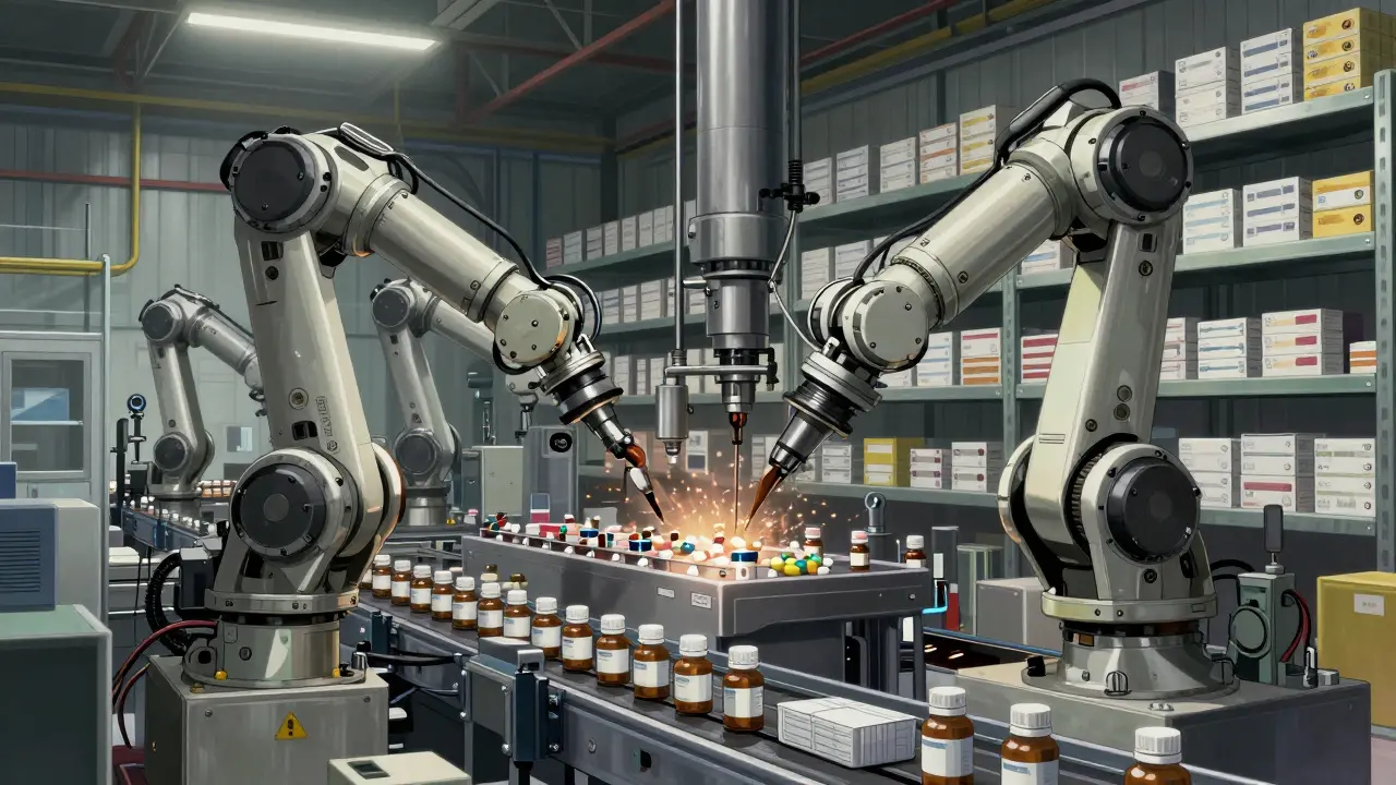 Industrial robots sorting and packaging generic medication in a warehouse