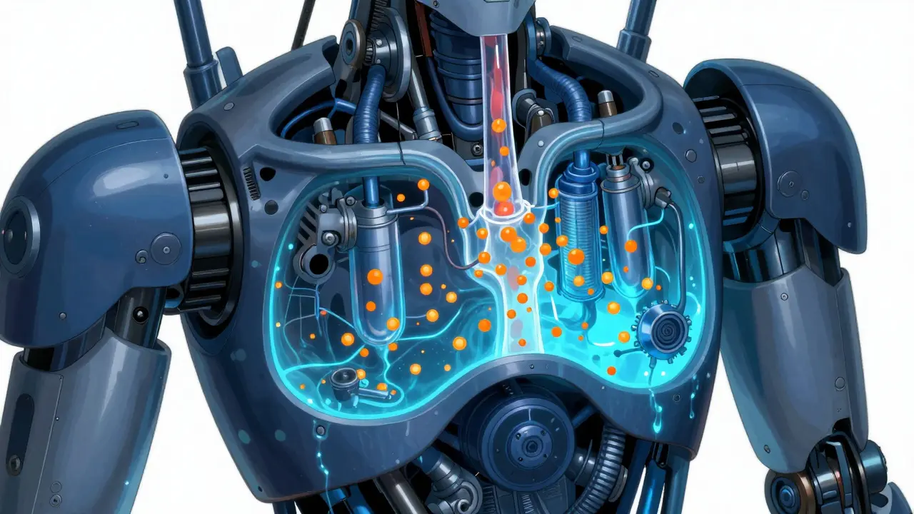 Internal view of android chassis showing drug molecule filtration process