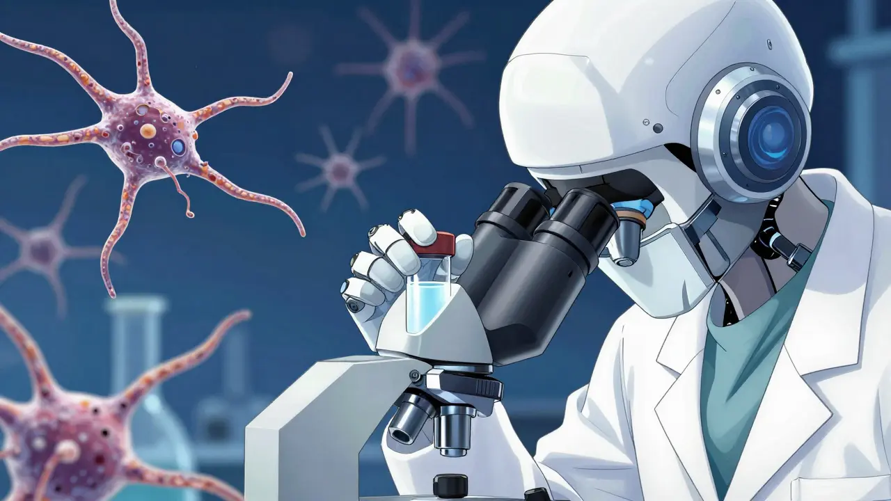 Lab scientist examining antibodies attacking neurons in a high-tech microscope view