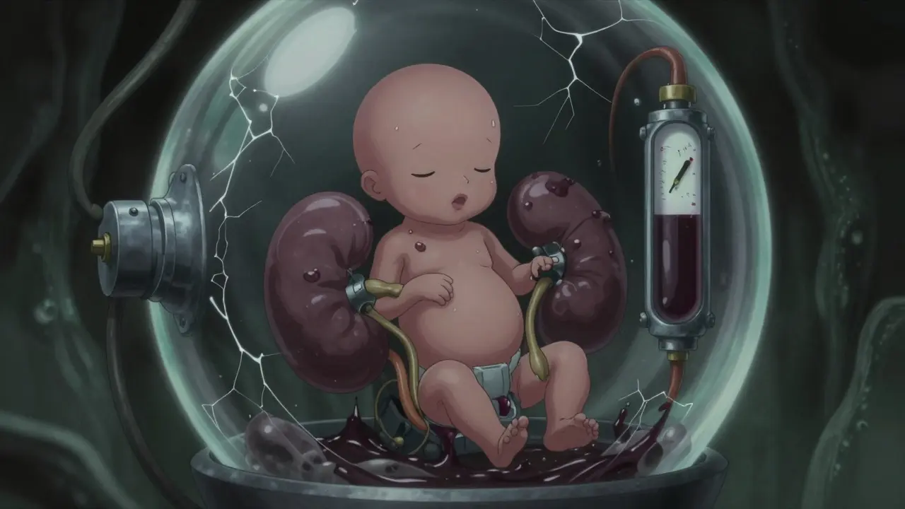 Mechanical fetus with failing kidneys in dark, low-fluid environment