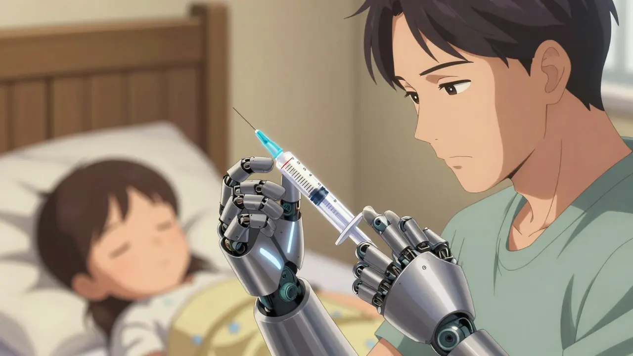 Parent measuring medicine with precise syringe