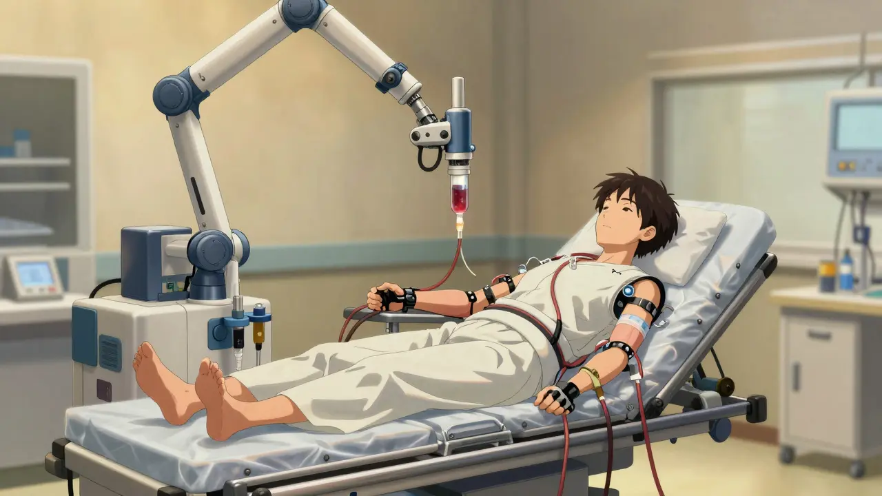 Patient receiving plasma exchange therapy via advanced medical machinery