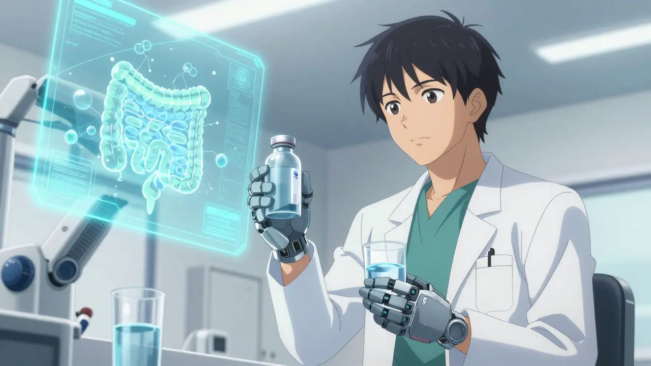 Pharmacist holding pills and water in a futuristic lab with holograms