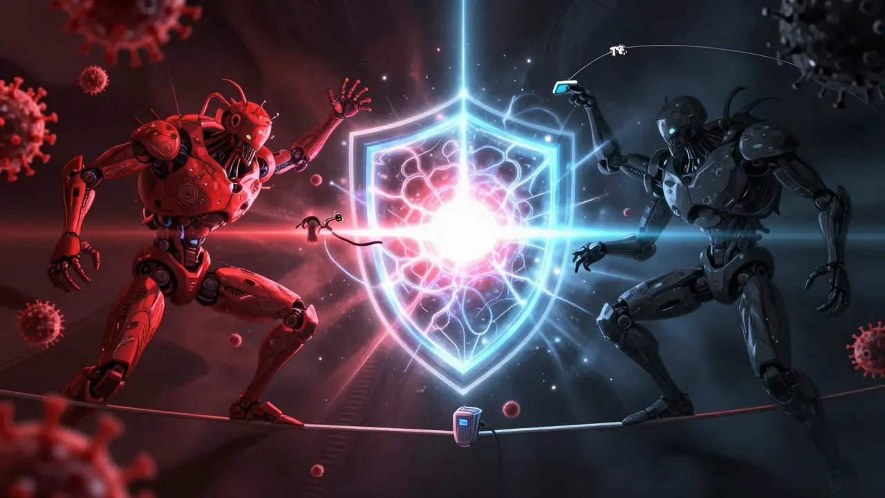 Robot balancing immune threats with TTV monitoring beam in anime style