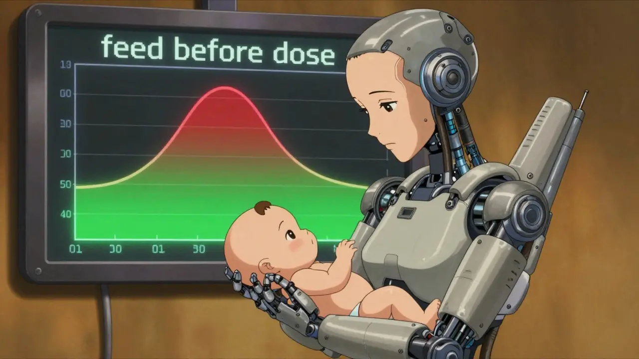 Robot mother holding infant with timeline graph showing safe feeding window