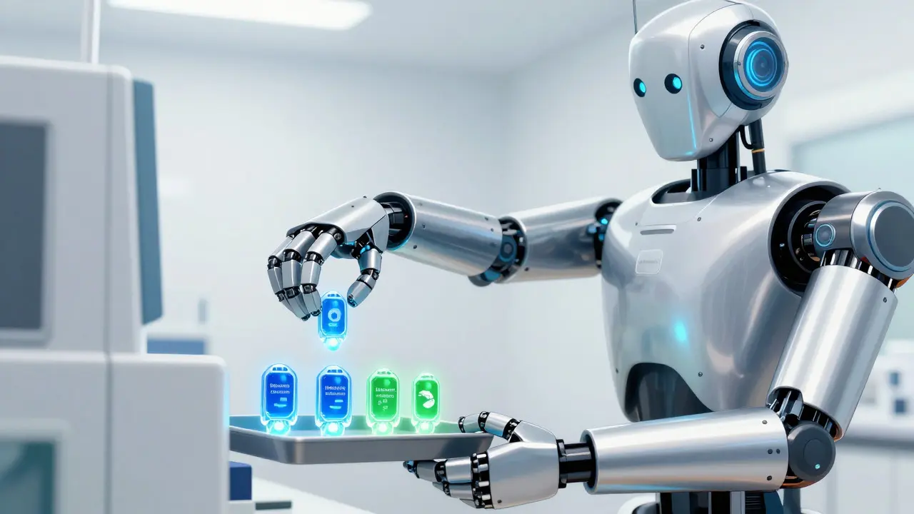 Robotic arm dispensing colorful anti-nausea pills in a lab