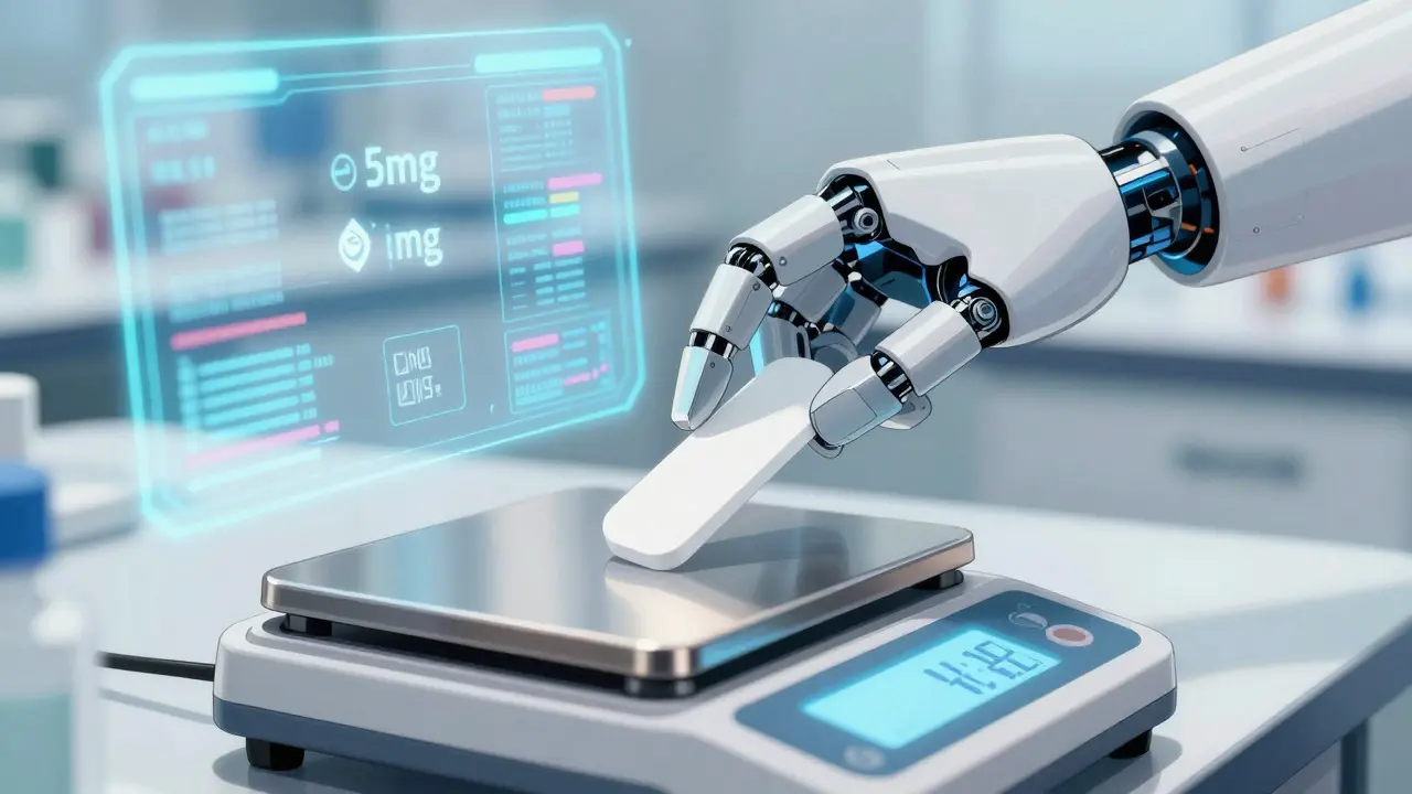 Robotic arm precisely measuring an allergy tablet on a scale