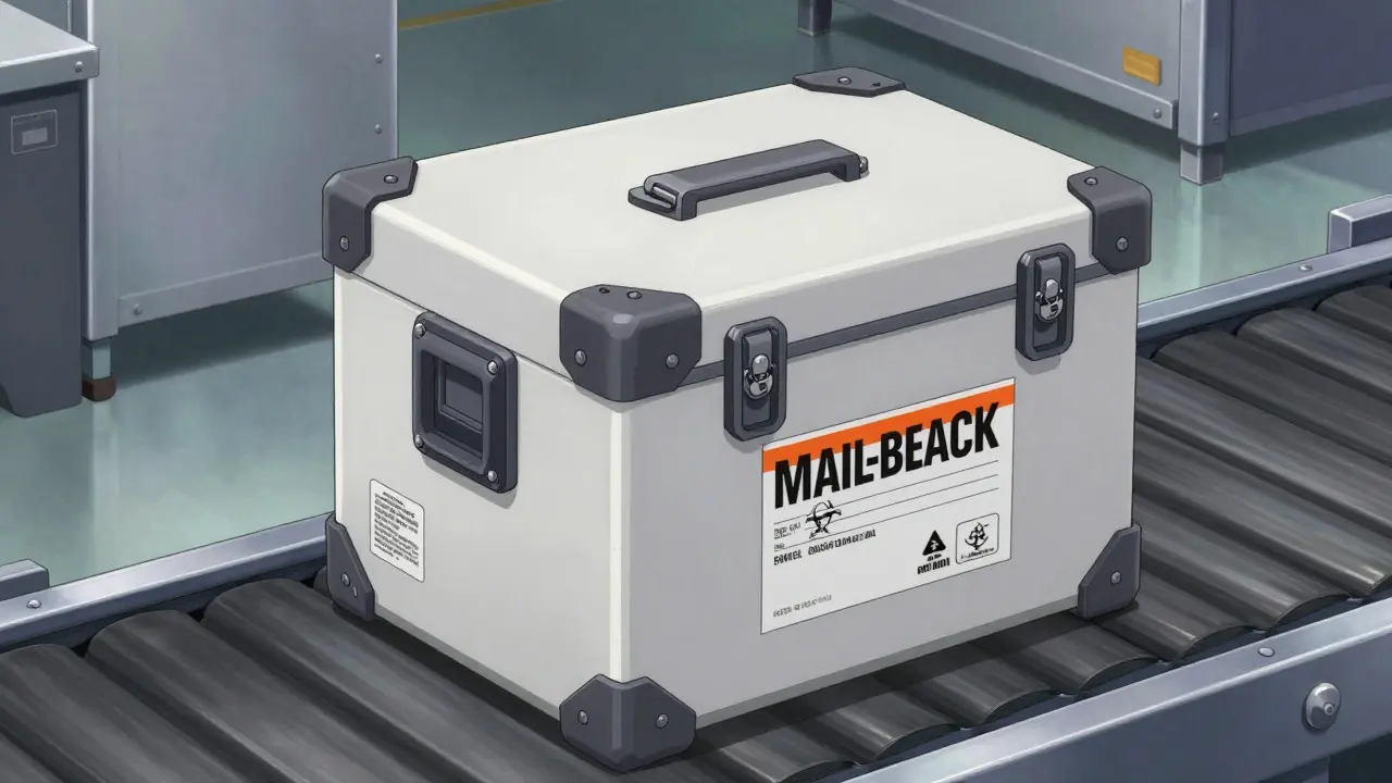 Rugged mail-back disposal kit depicted as a transport module