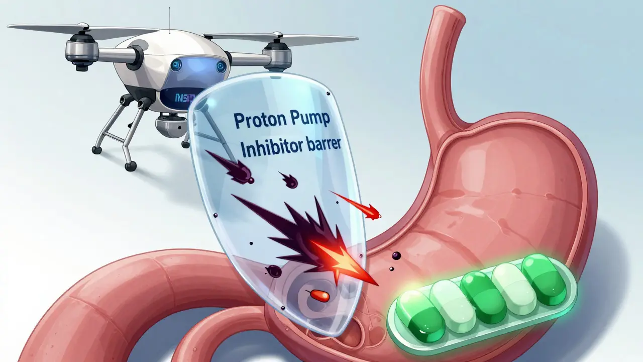 A medical drone deploying a protective shield over a stomach to block acid damage.
