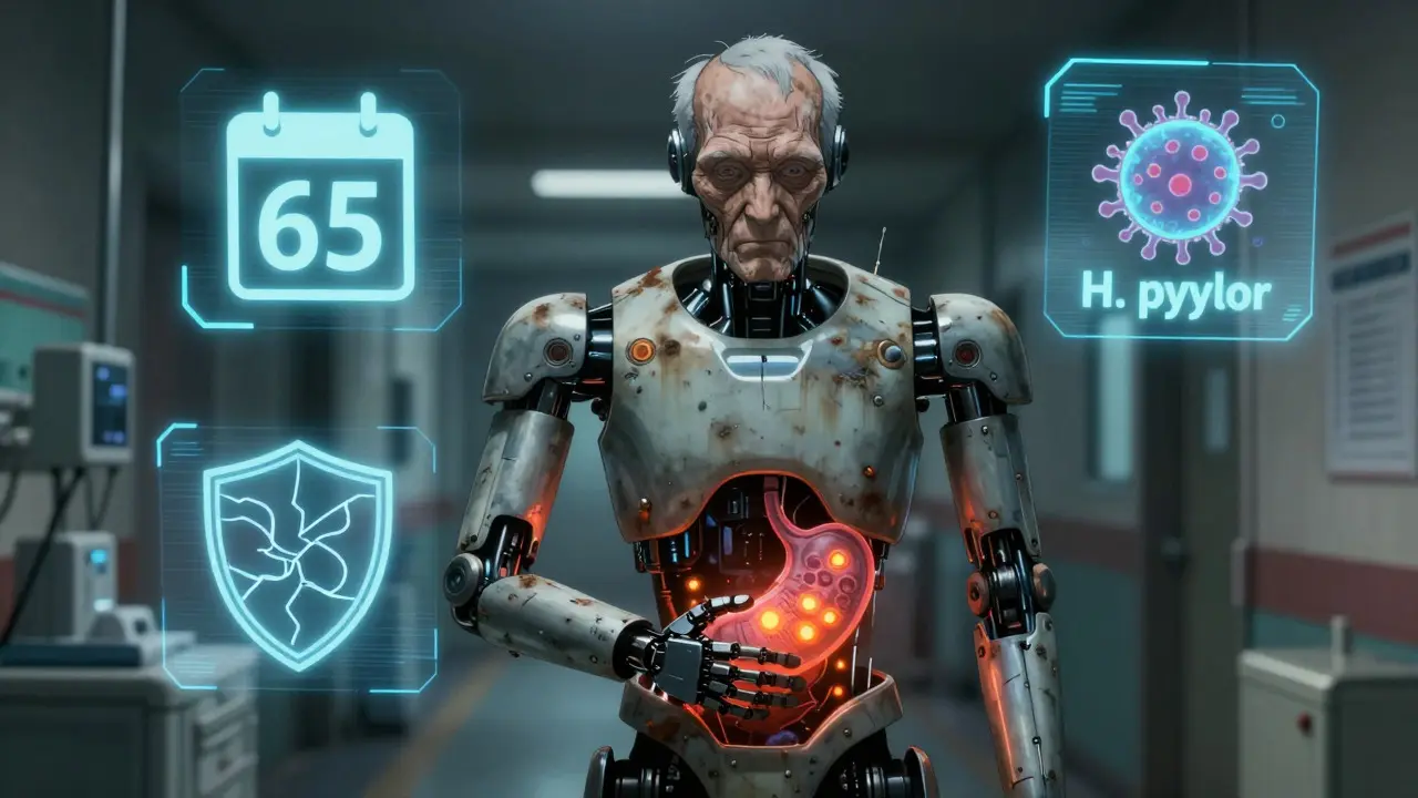 An elderly android in a hospital holding its abdomen, surrounded by floating risk factor icons.
