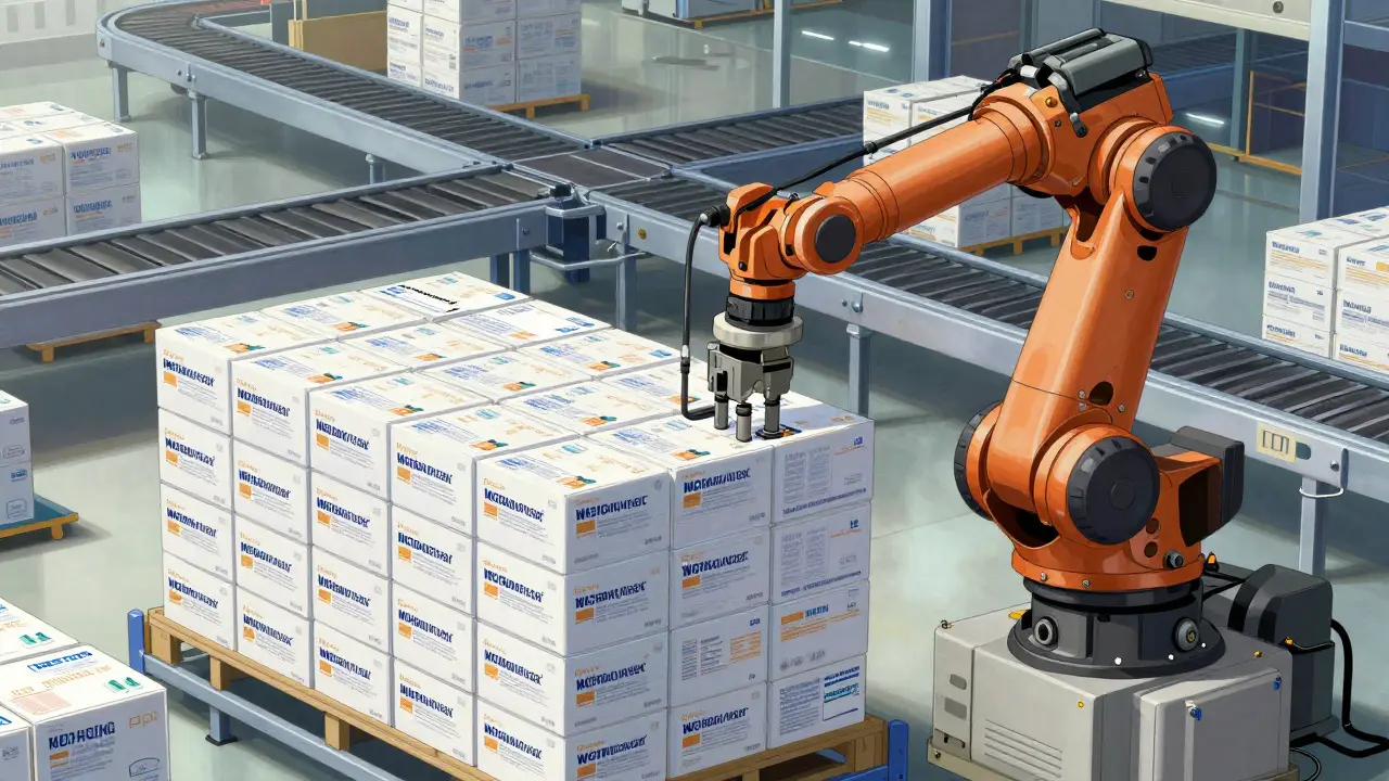 Anime robot packing multiple medicine boxes into a larger container