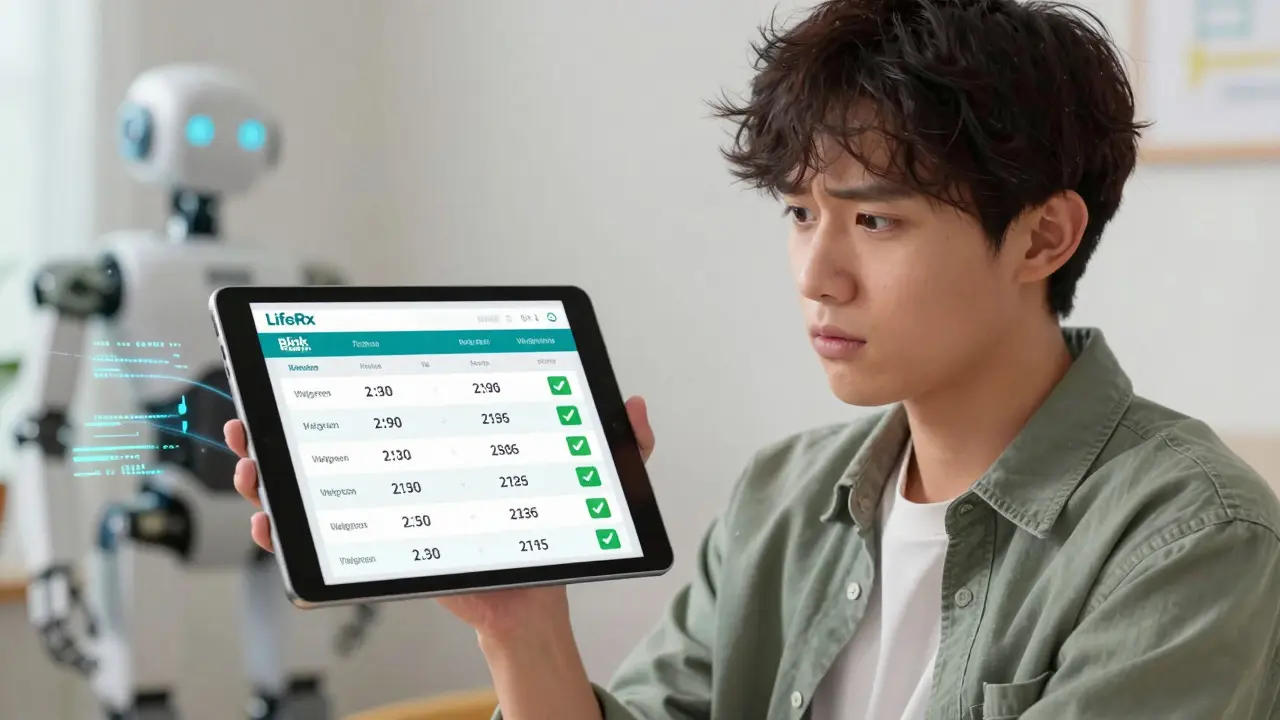 Anime-style patient viewing online pharmacy price comparisons on a tablet with digital data streams in the background.