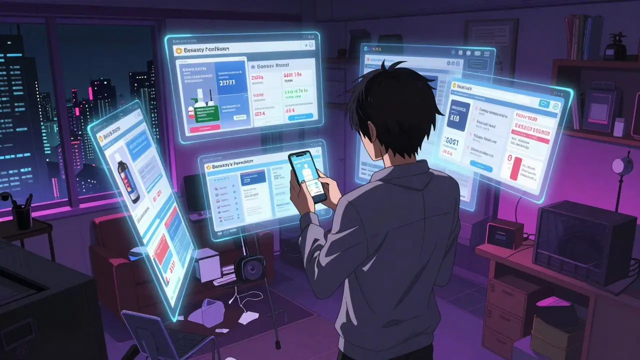Character comparing online pharmacy prices via holographic screens