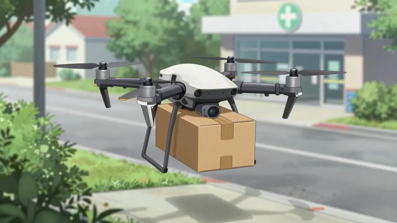 Delivery drone dropping a discreet package on a residential doorstep