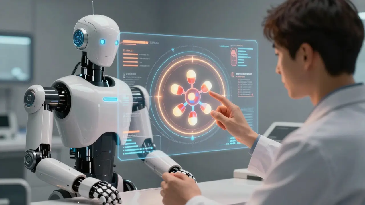 Doctor and robot reviewing drug risk summaries in a futuristic clinic setting