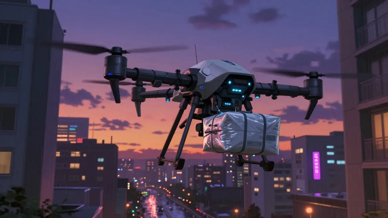 Heavy-duty drone delivering medication package at dusk
