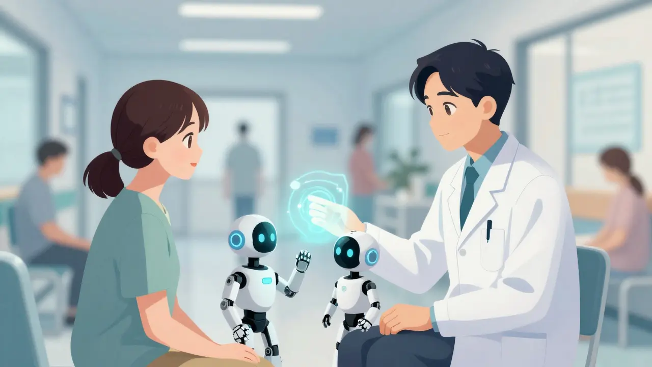 Patient consulting with doctor and robot about medication safety in anime style