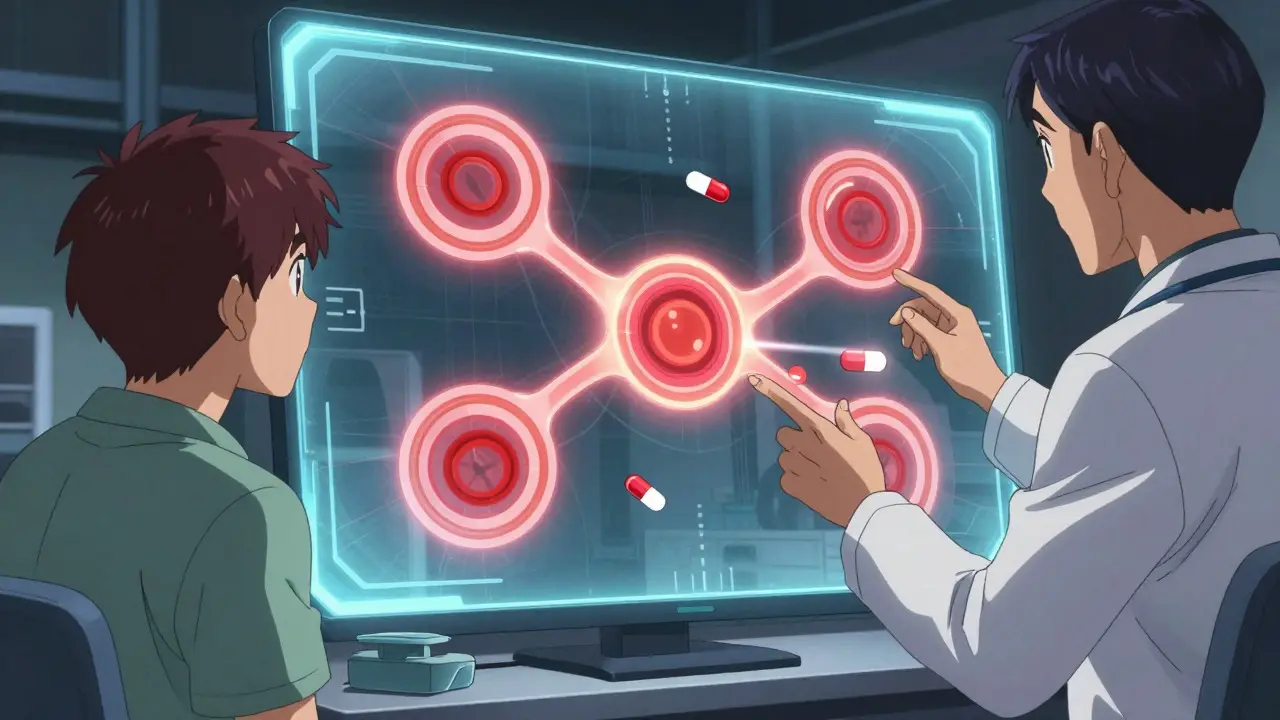 Patient viewing a holographic display of warfarin and vitamin K interaction with a doctor