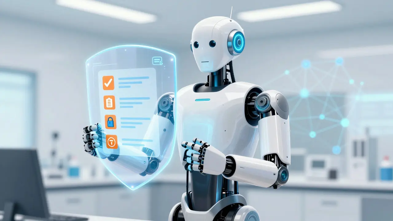 Real robot style character holding a holographic safety shield in a lab