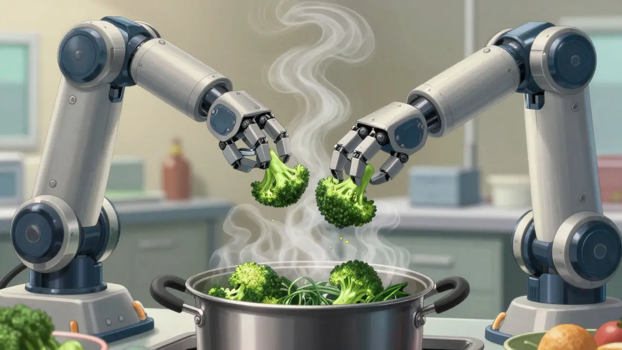 Robotic arm preparing measured vegetables in a steamer, illustrating consistent cooking methods
