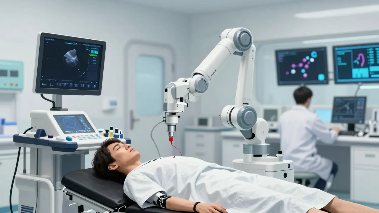 Robotic biopsy procedure in futuristic hospital setting