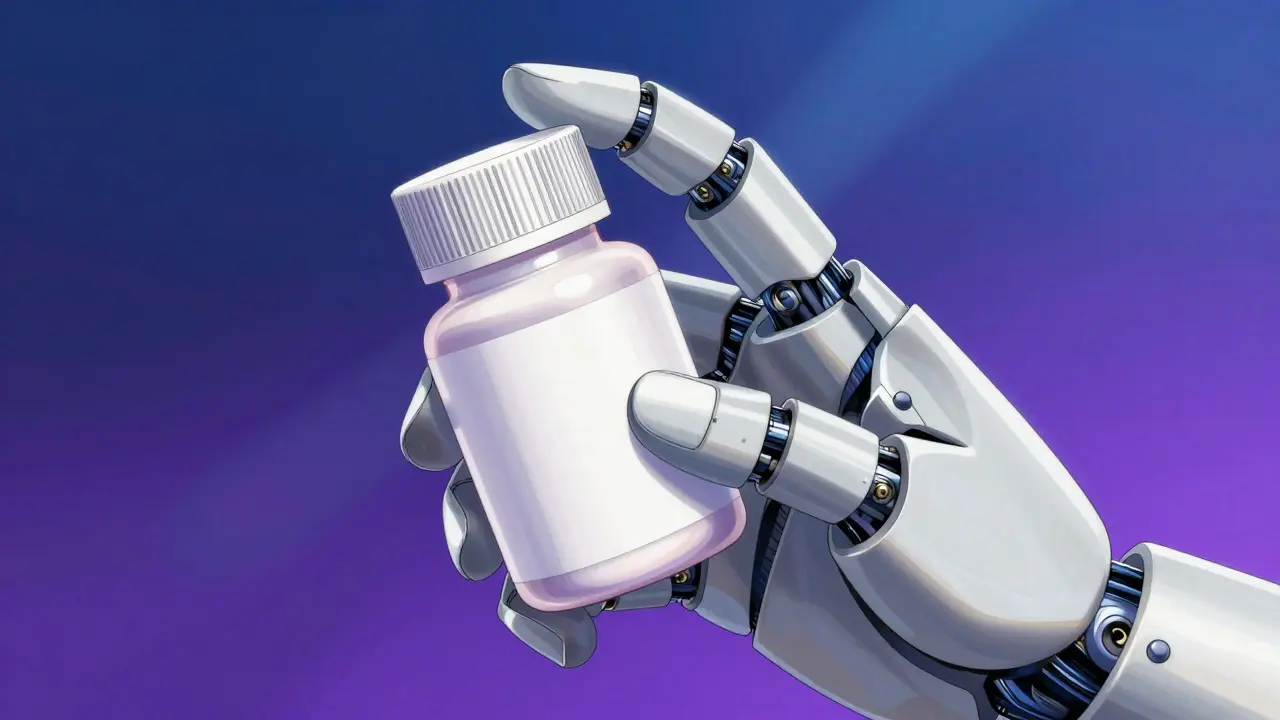 Robotic hand carefully holding a sealed prescription pill bottle