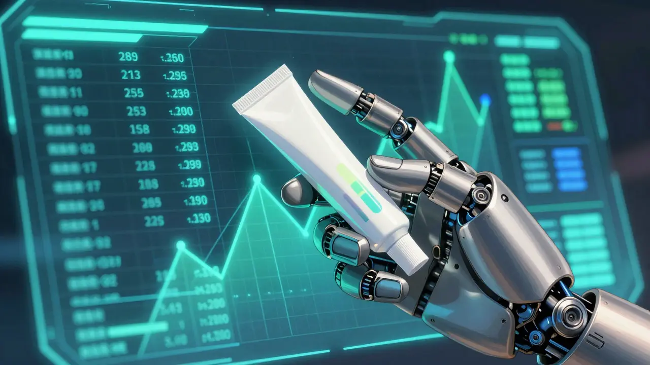 Robotic hand inspecting a gel tube with holographic data overlays