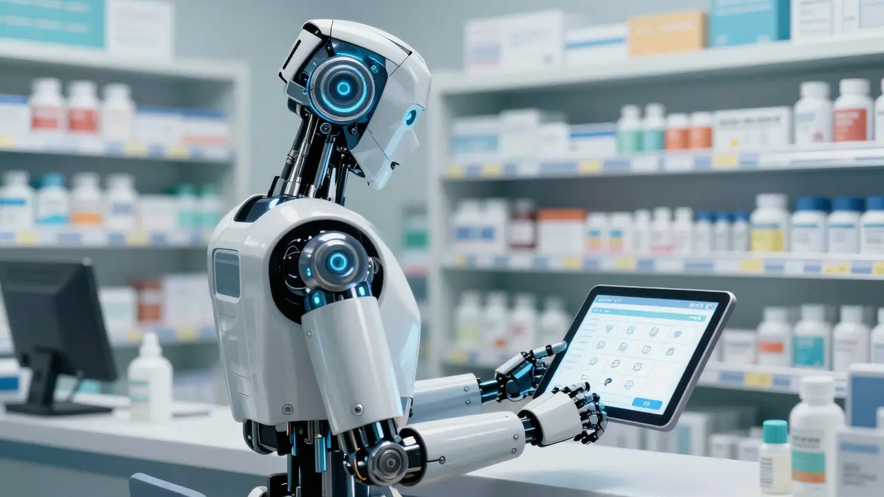Robotic pharmacist verifying prescription on digital tablet
