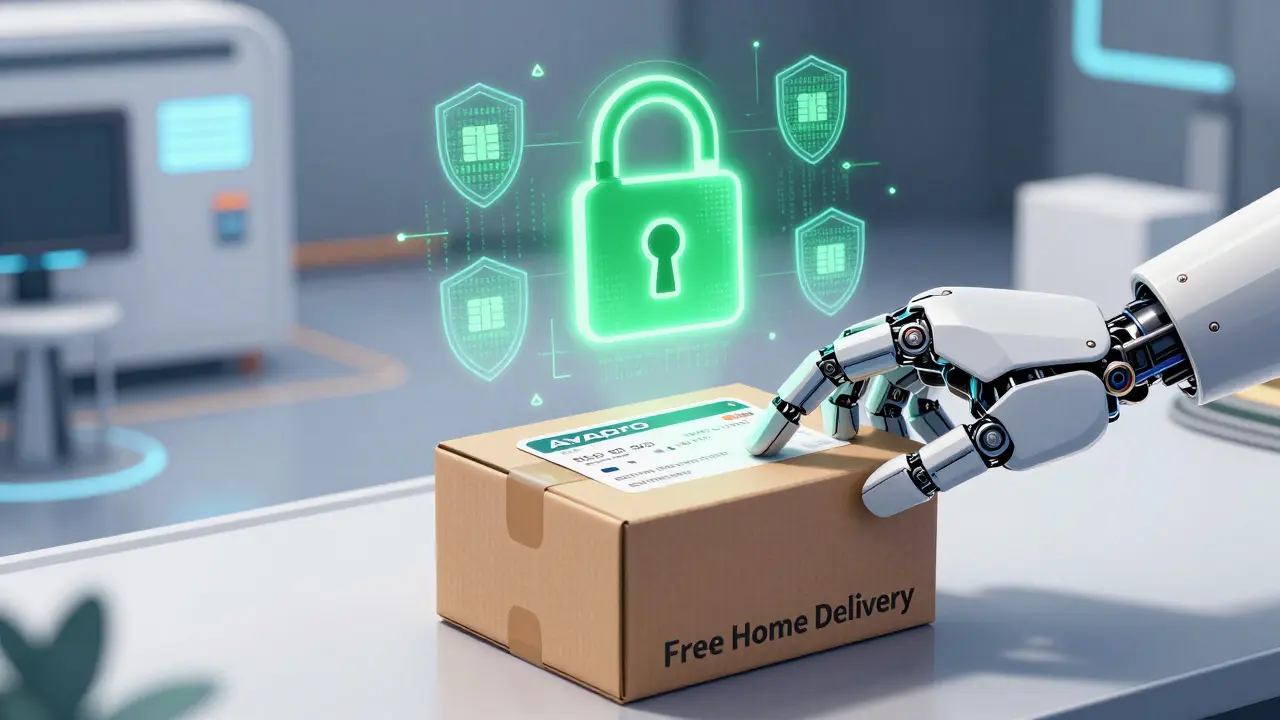 Secure transaction visualization with glowing padlock and robotic hand packaging Avapro for home delivery in a futuristic hub.